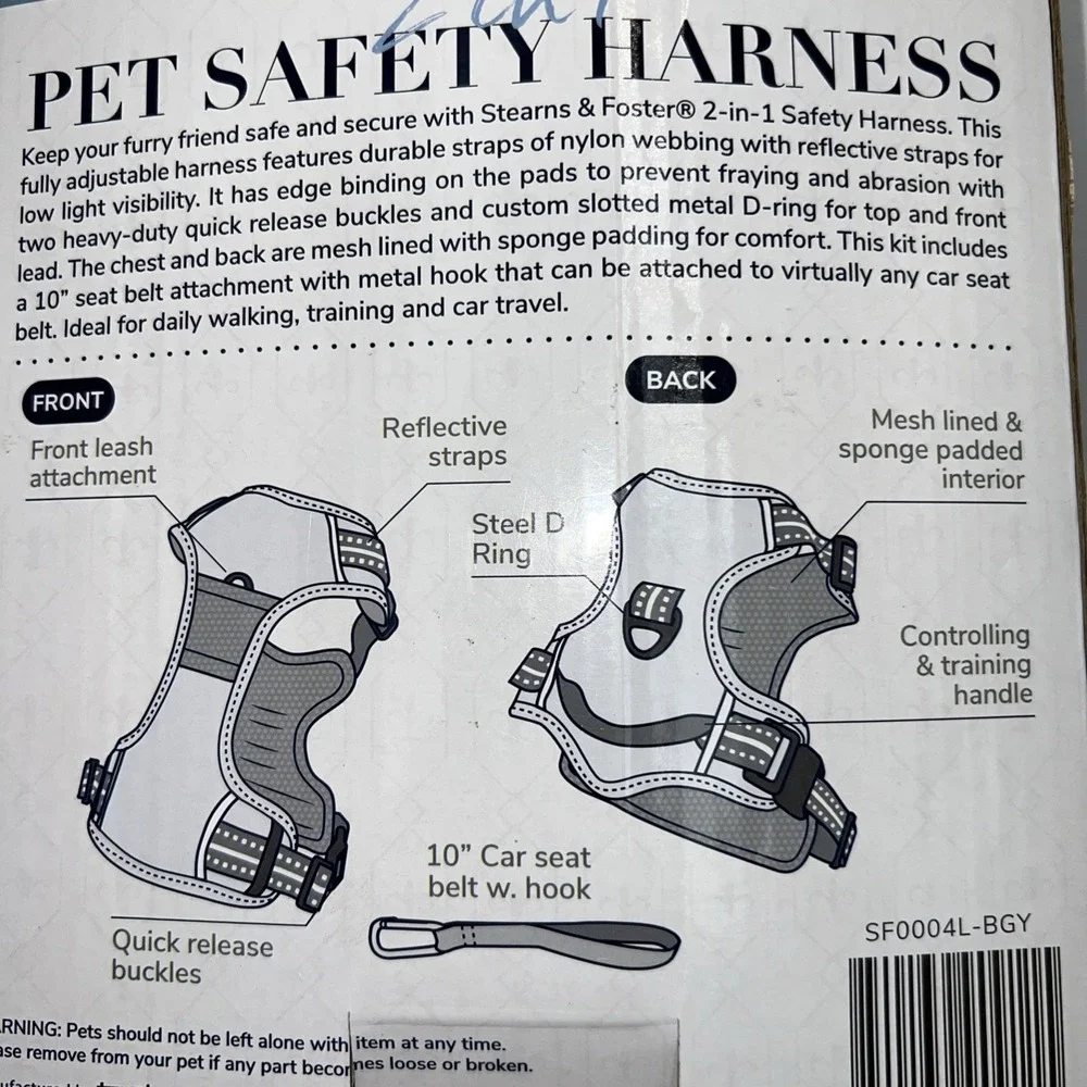 STEARNS &‎ FOSTER 2 In 1 PET SAFETY HARNESS NEW SZ LARGE (56-85 Lbs)